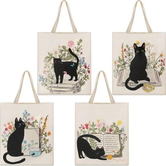 Handbags - 4 Pcs Canvas Tote Bag for Women Floral Black Cat Canvas Tote Aesthetic Reusable